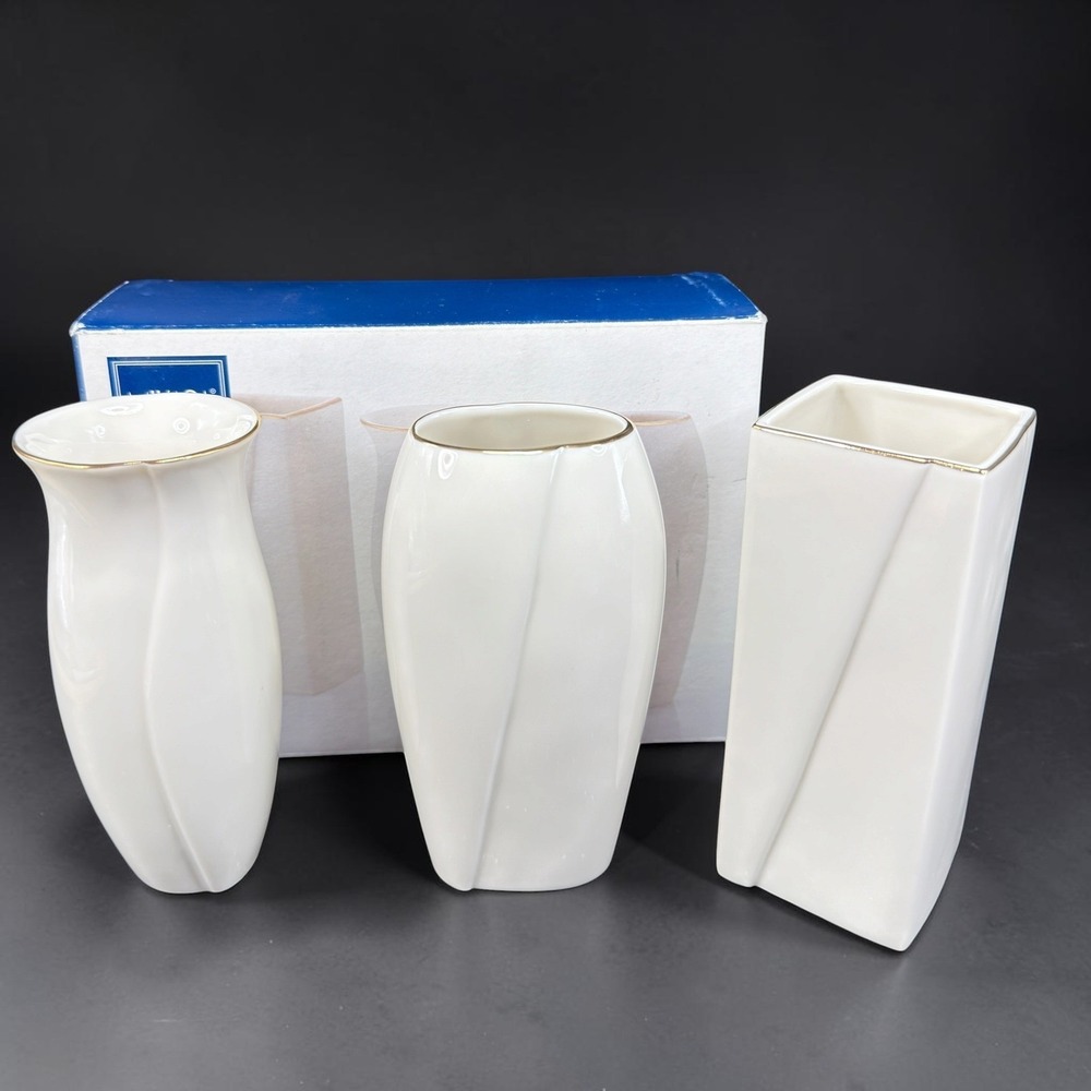 Mikasa Classico Bud Vases Set of 3 White Ivory China Gold Trim Handcrafted New